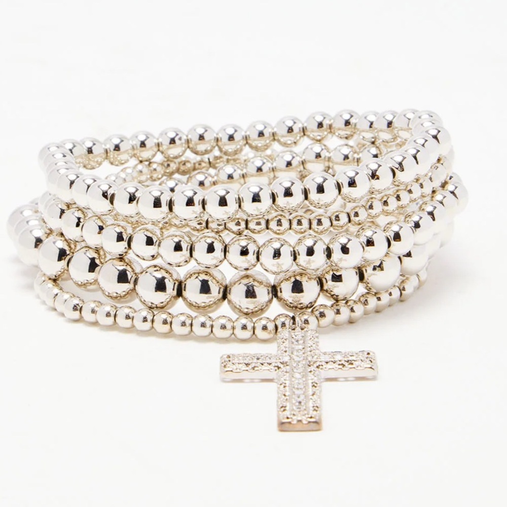 •Such a Saint• Stacked & Layered 5 Piece Silver Beaded Cross Bracelet - Picture 2 of 2